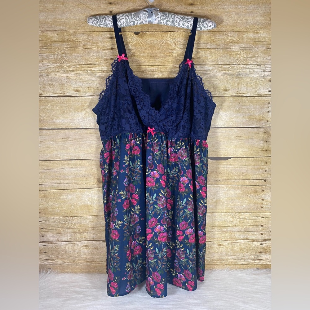 Cacique Babydoll Nightie 26/28 Blue Pink Floral Lace Bow Chemise Sexy